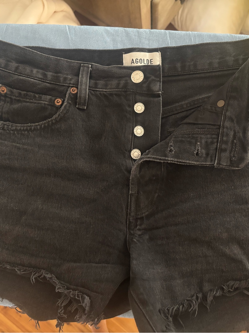 AGOLDE Black Frayed Hem PARKER Button-Fly Denim Shorts